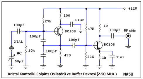 Kristal Kontrollü Colpitts Osilatörü ve Buffer Devresi (2-50 MHz.)